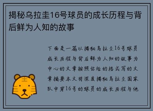 揭秘乌拉圭16号球员的成长历程与背后鲜为人知的故事