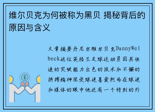 维尔贝克为何被称为黑贝 揭秘背后的原因与含义 维尔贝克为何被称为黑贝 揭秘背后的原因与含义