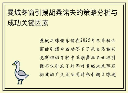 曼城冬窗引援胡桑诺夫的策略分析与成功关键因素 曼城冬窗引援胡桑诺夫的策略分析与成功关键因素