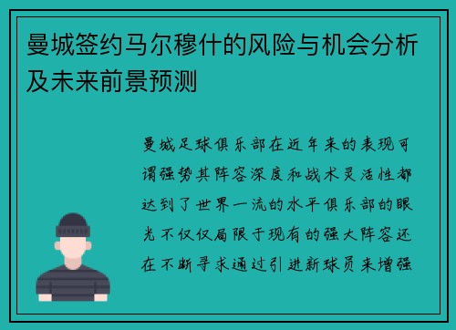 曼城签约马尔穆什的风险与机会分析及未来前景预测